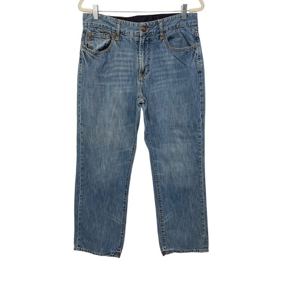 Seven 7 Straight Leg Denim Jeans Size 34 Distressed Mid Rise Blue Light Wash - Picture 1 of 9